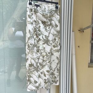 The Limited White and Olive Botanical Midi Skirt